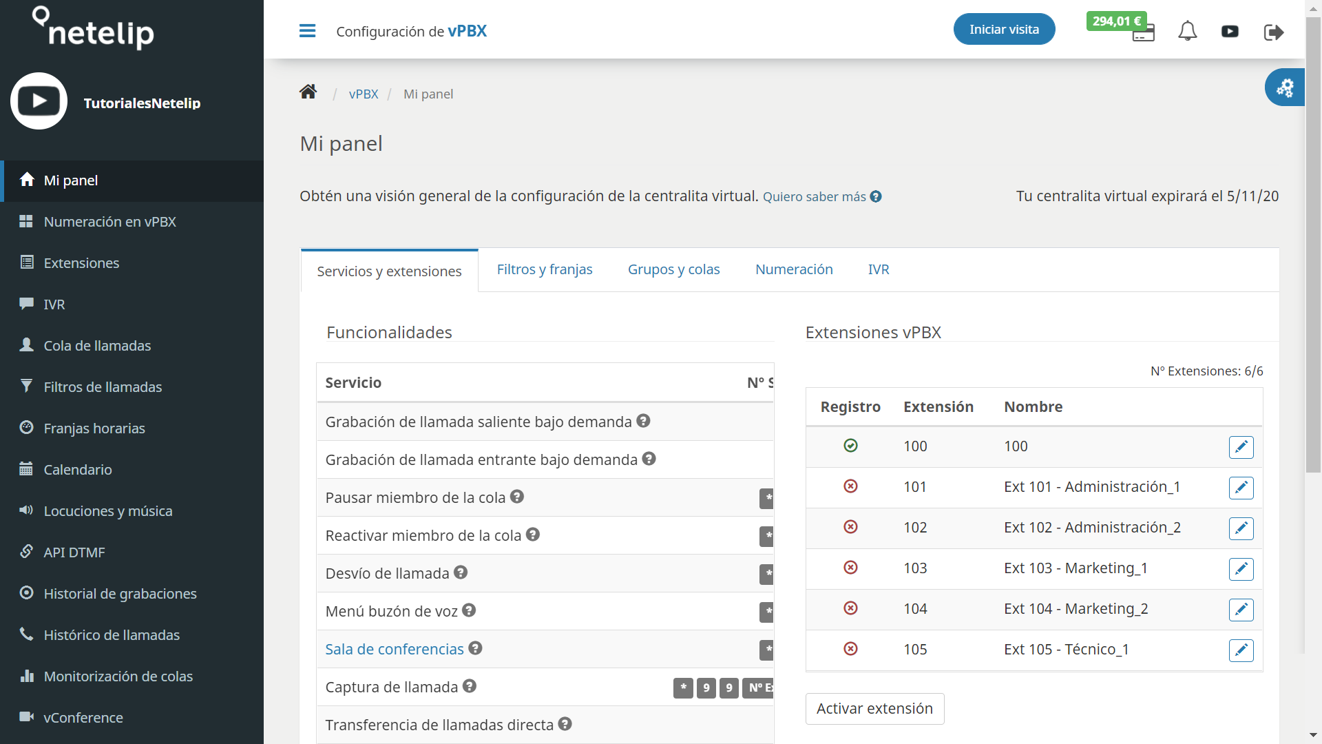 extensiones centralita virtual netelip