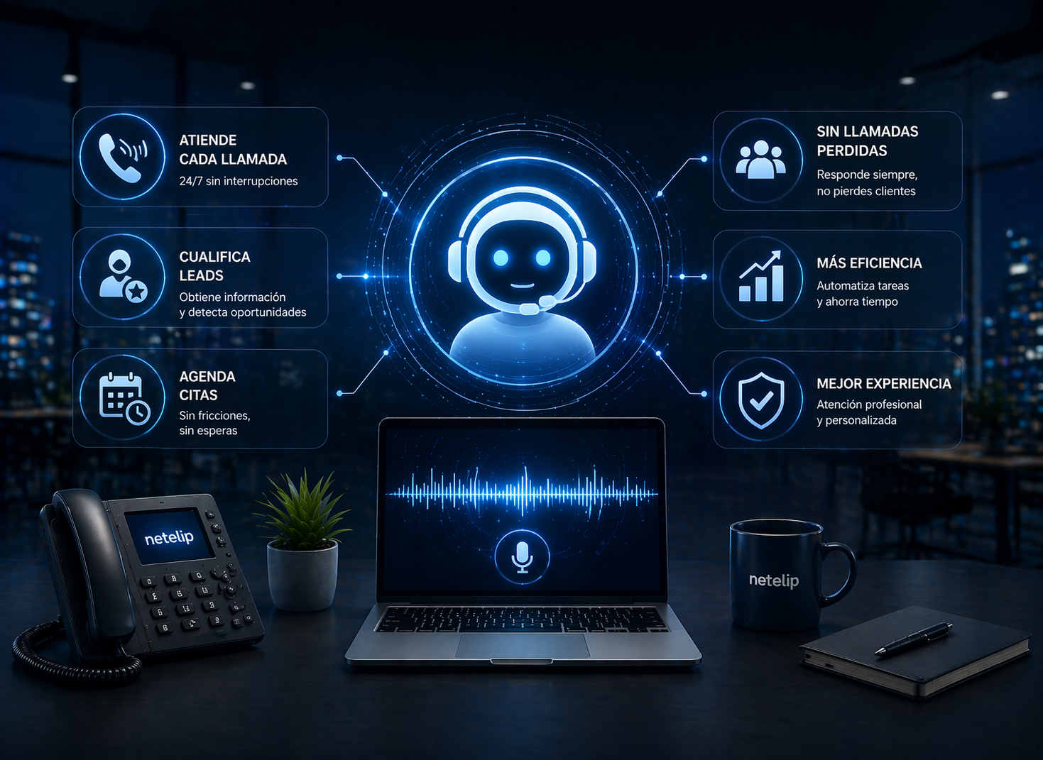 Agente de voz con IA para clínicas, despachos y empresas de servicios sobre telefonía IP de netelip