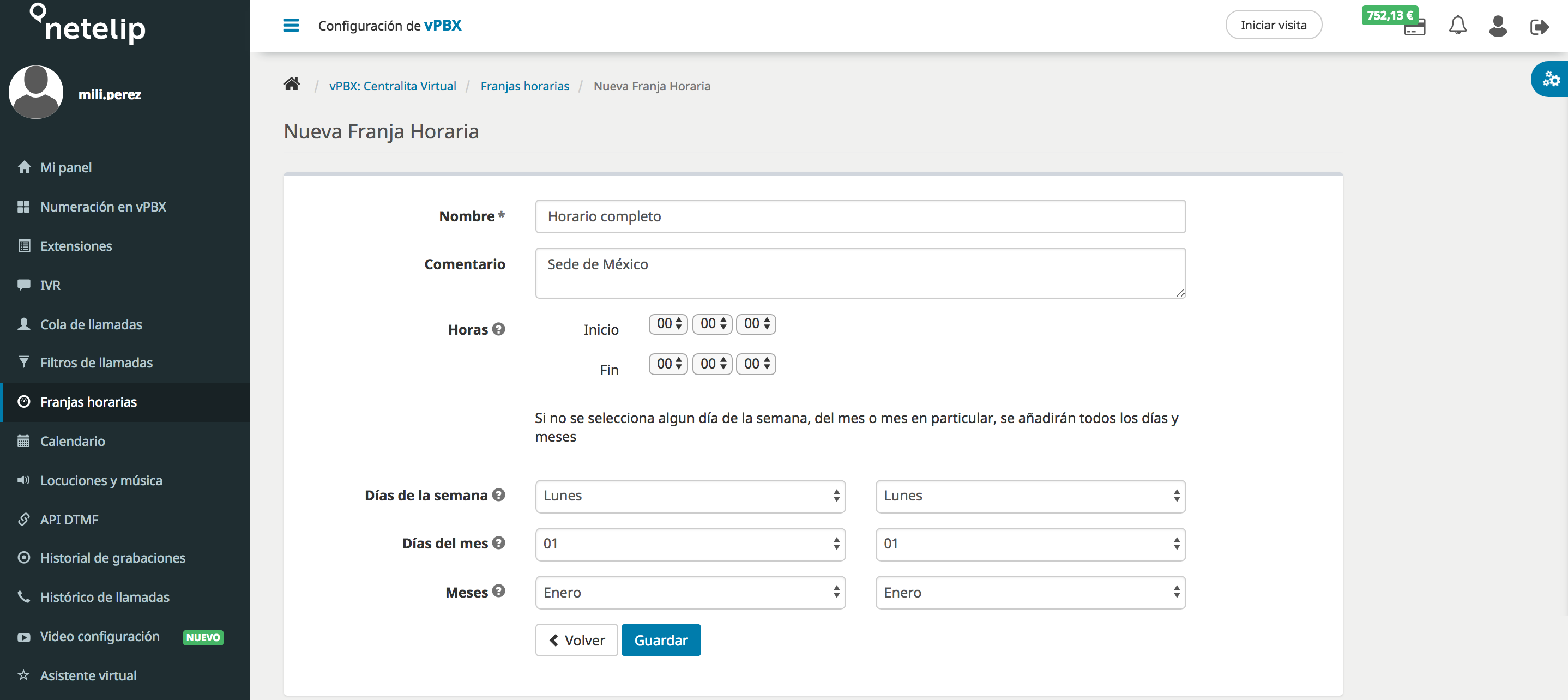 Franjas horarias configuración
