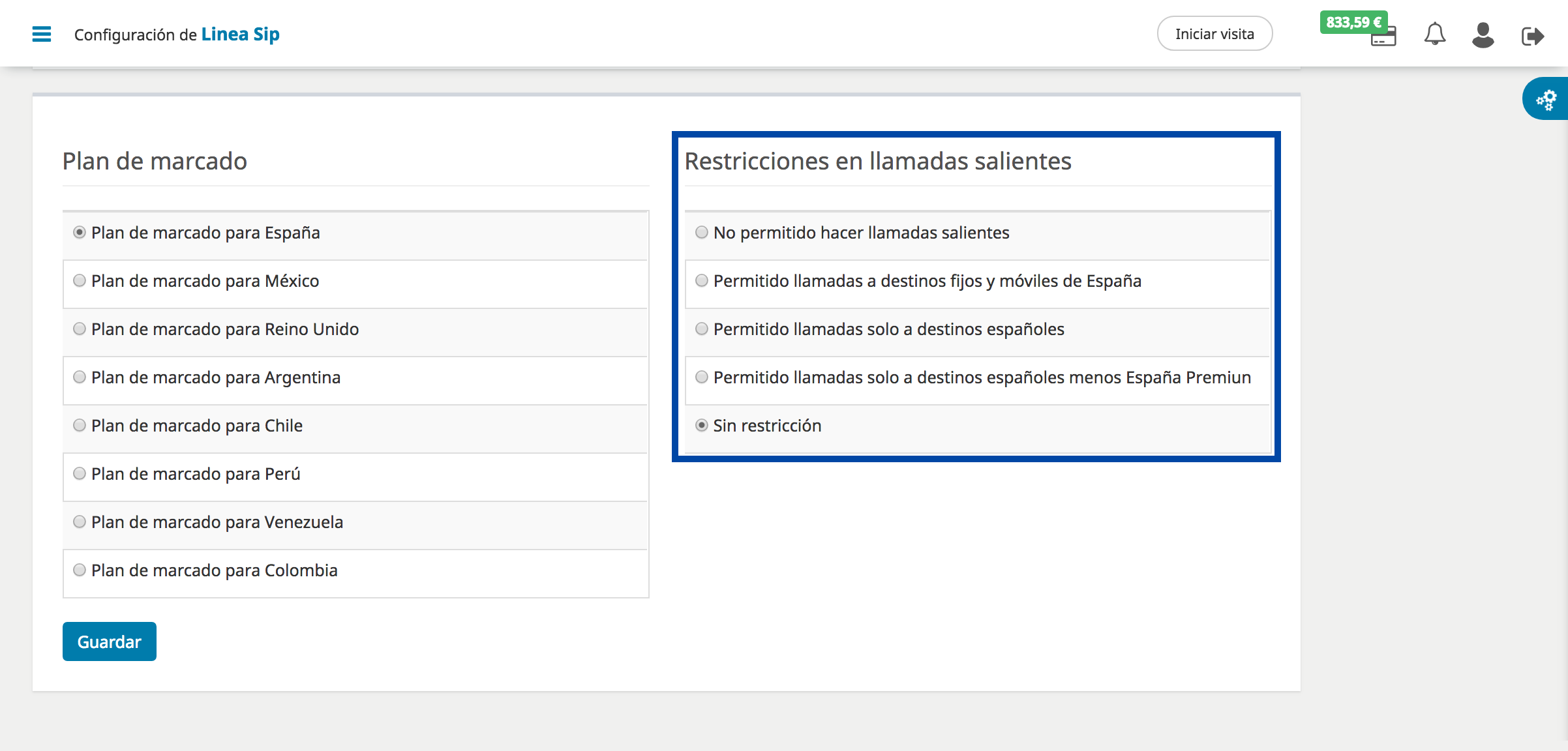 Línea SIP | Restricciones