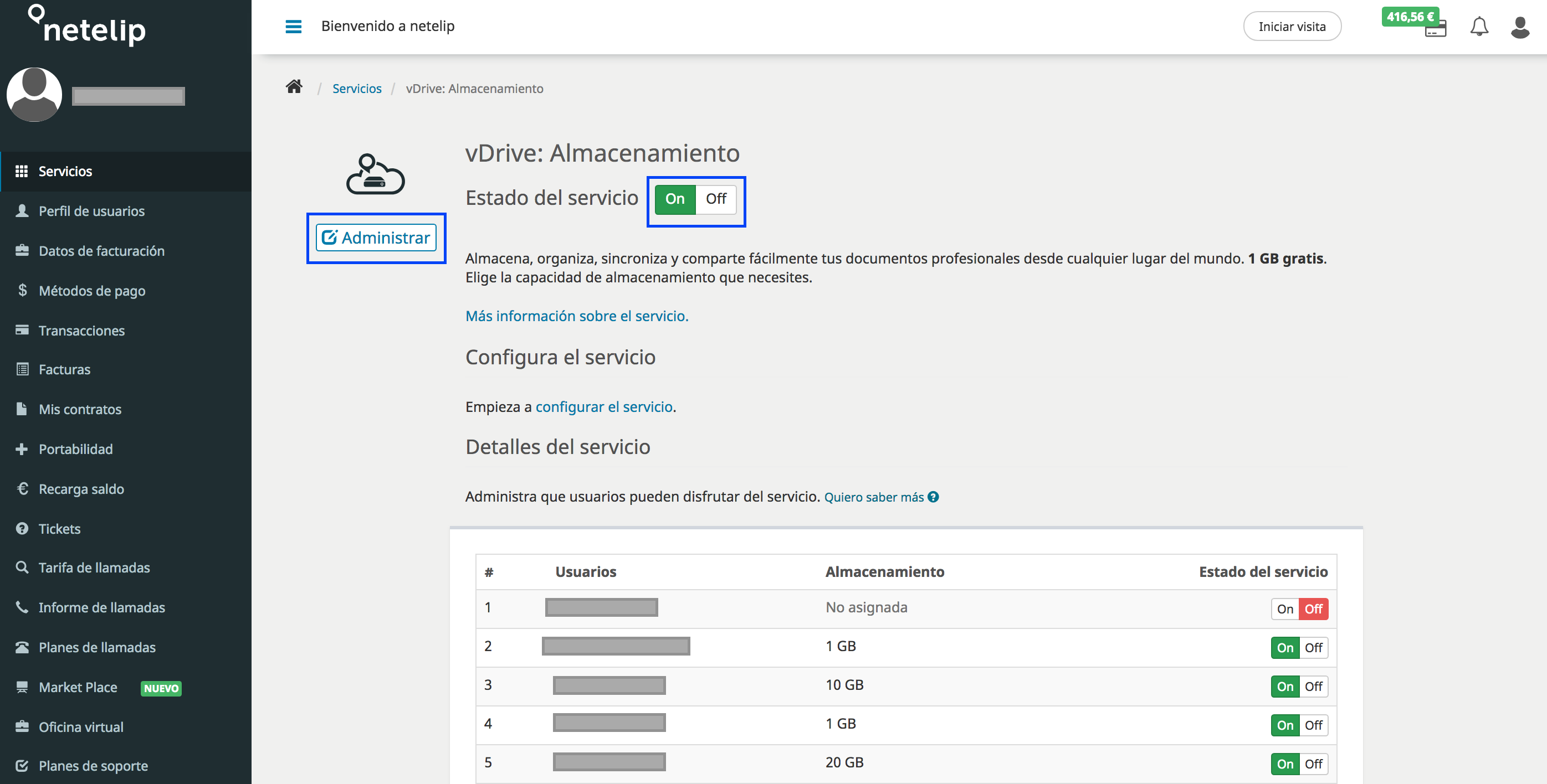 Activar almacenamiento vDrive