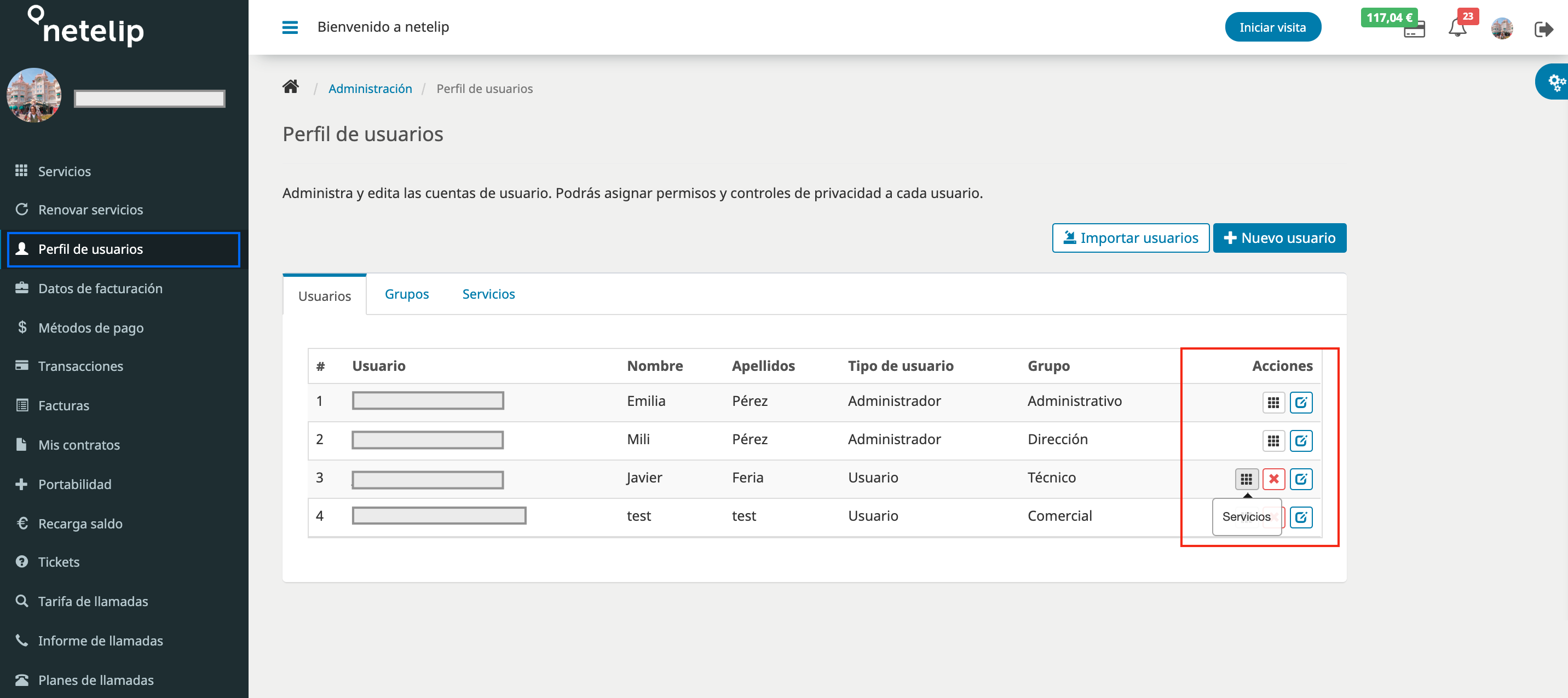 Perfil de usuarios en netelip