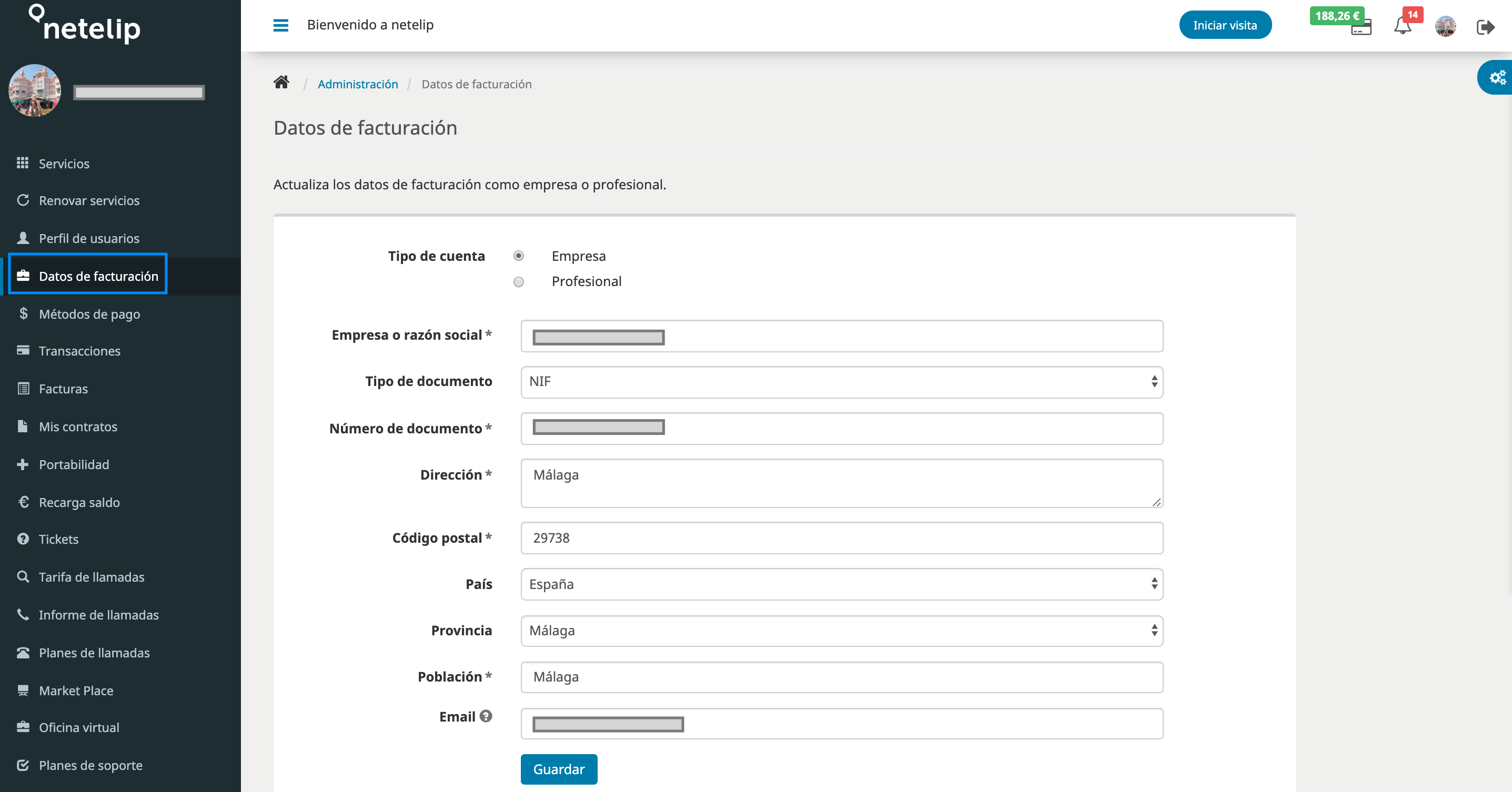 Cambiar datos de facturación