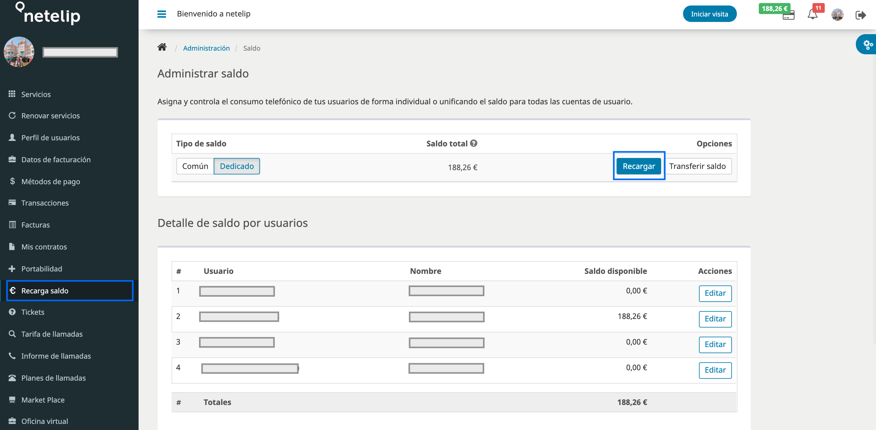 Recarga de saldo | netelip Cloud