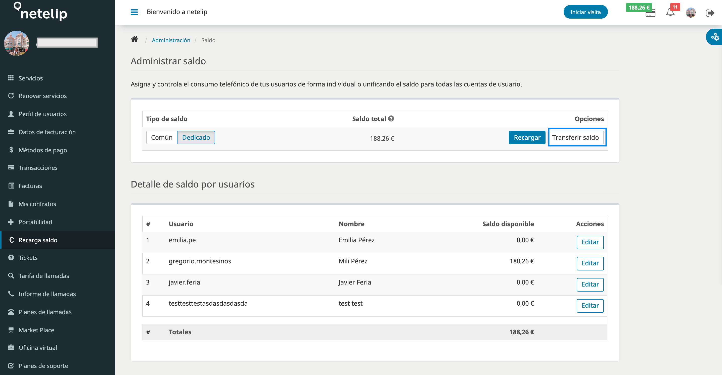 Transferir saldo en netelip