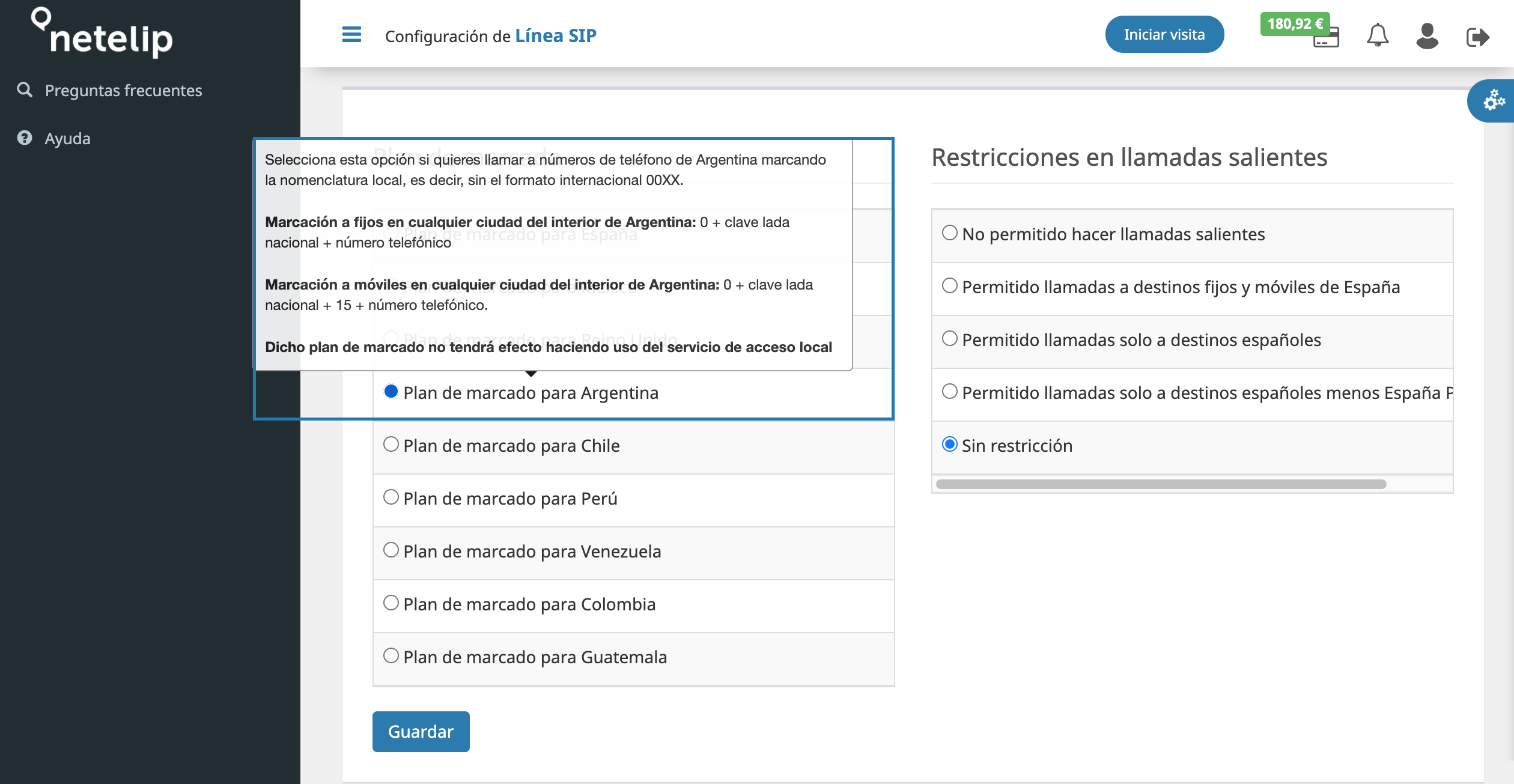 Planes de marcado en Línea Sip