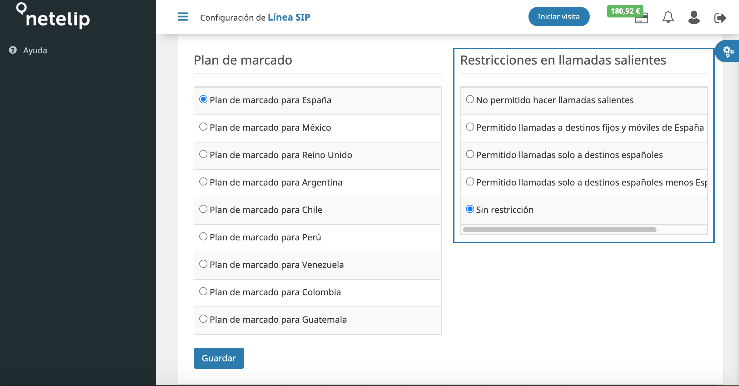 Configuraciones de llamadas con línea sip