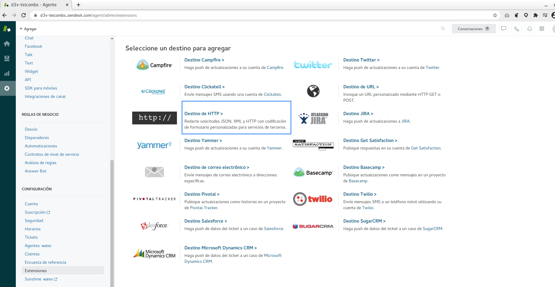 configurar destino HTTP en Zendesk