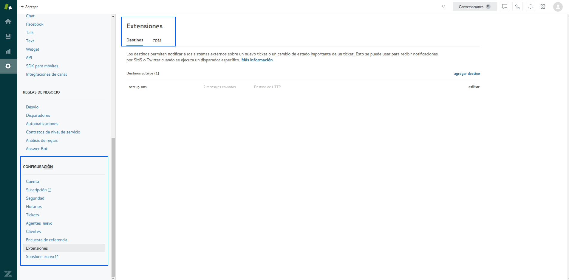 Cómo configurar destinos en Zendesk para integrar API de SMS