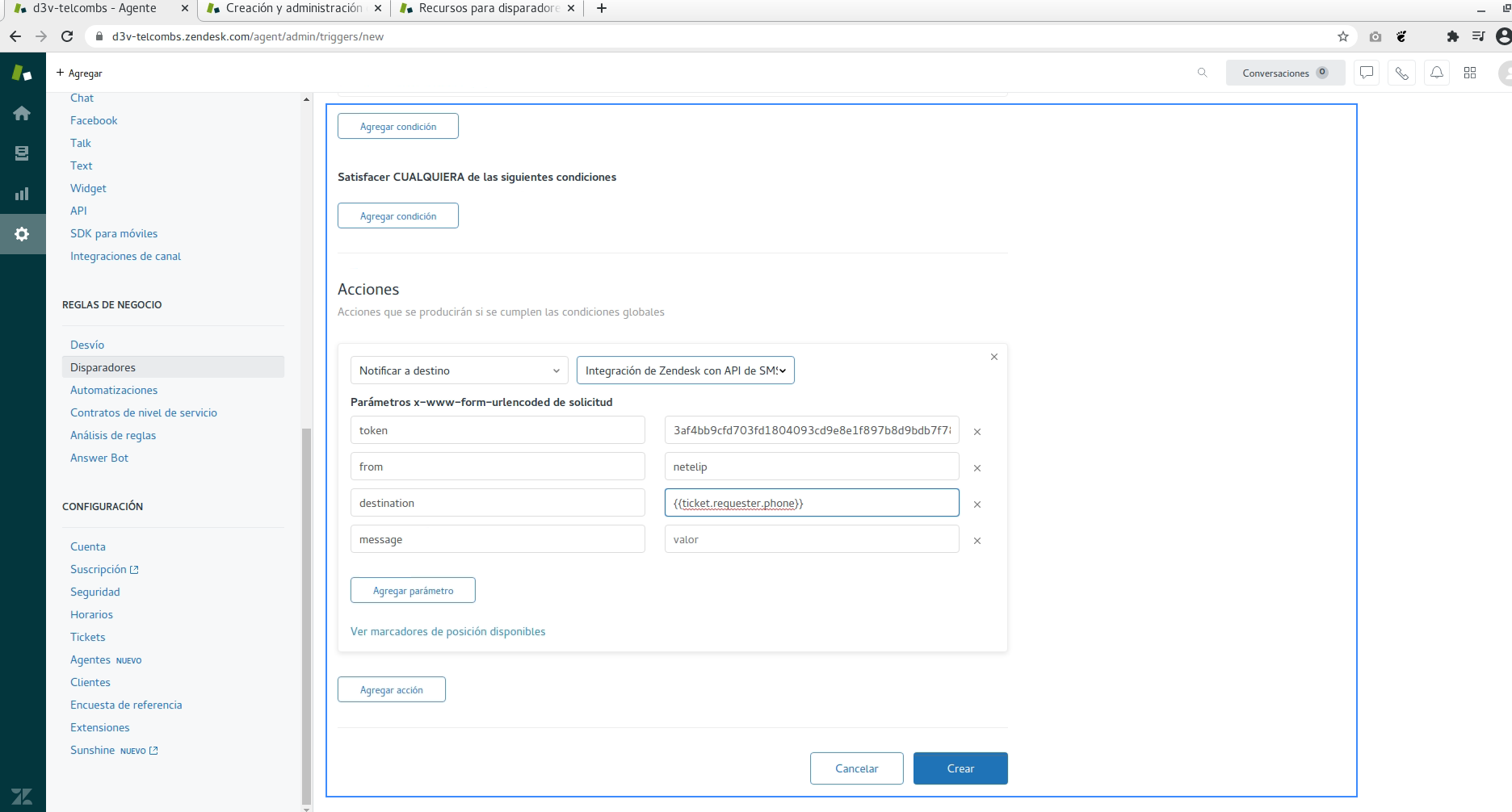 Condiciones en Zendesk para integrar API de SMS