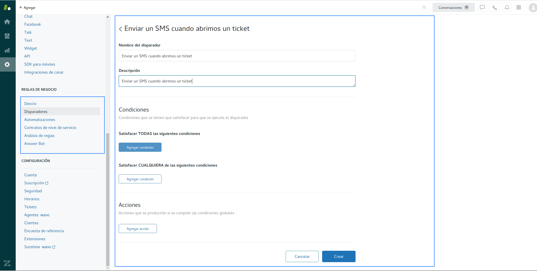 Como enviar tickets en zendesk integrado con API de SMS