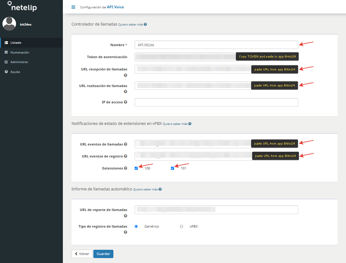 Parámetos para configurar Bitrix24 y API Voice