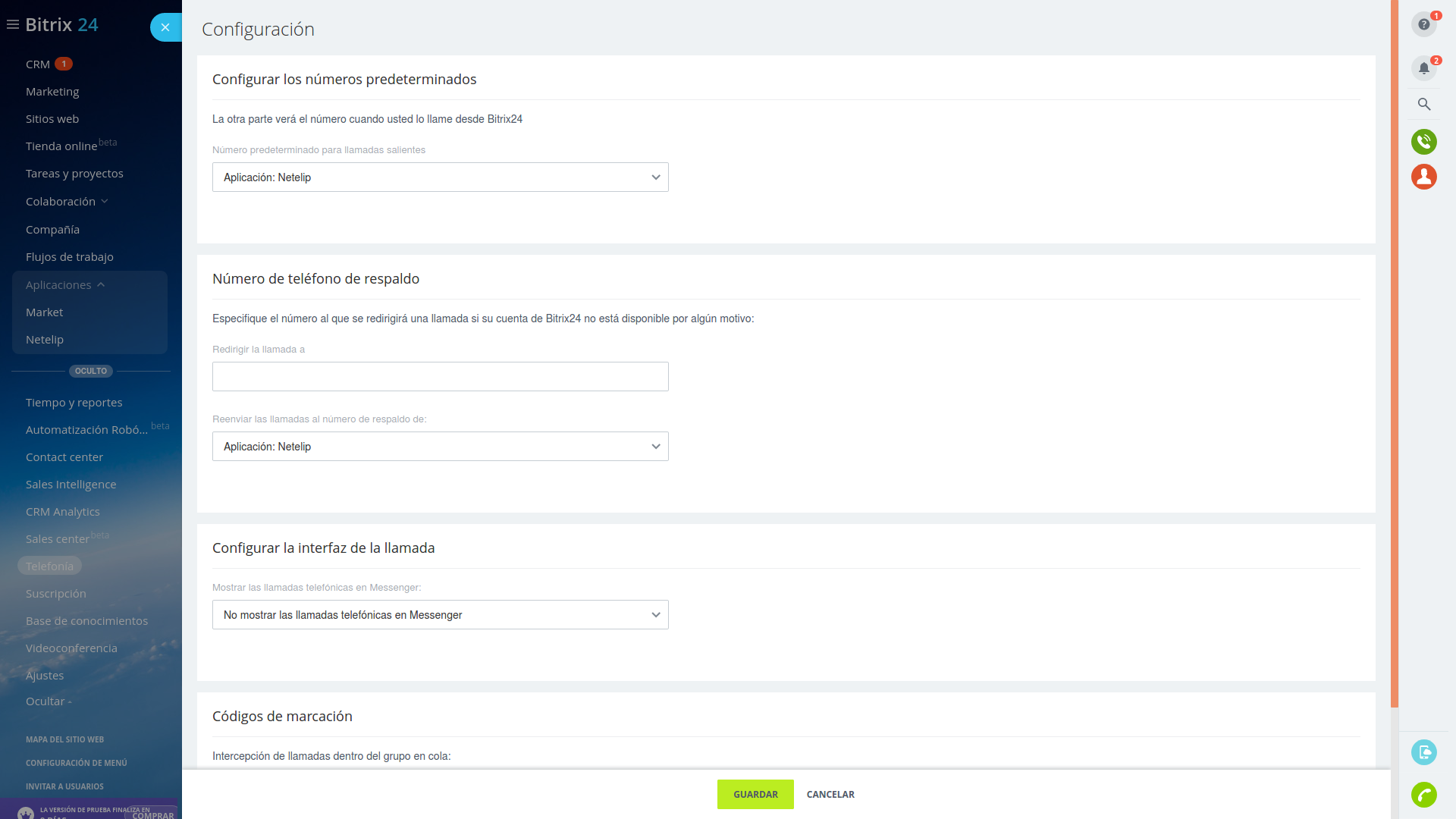 Configurar ajustes de telefonía IP en Bitrix24