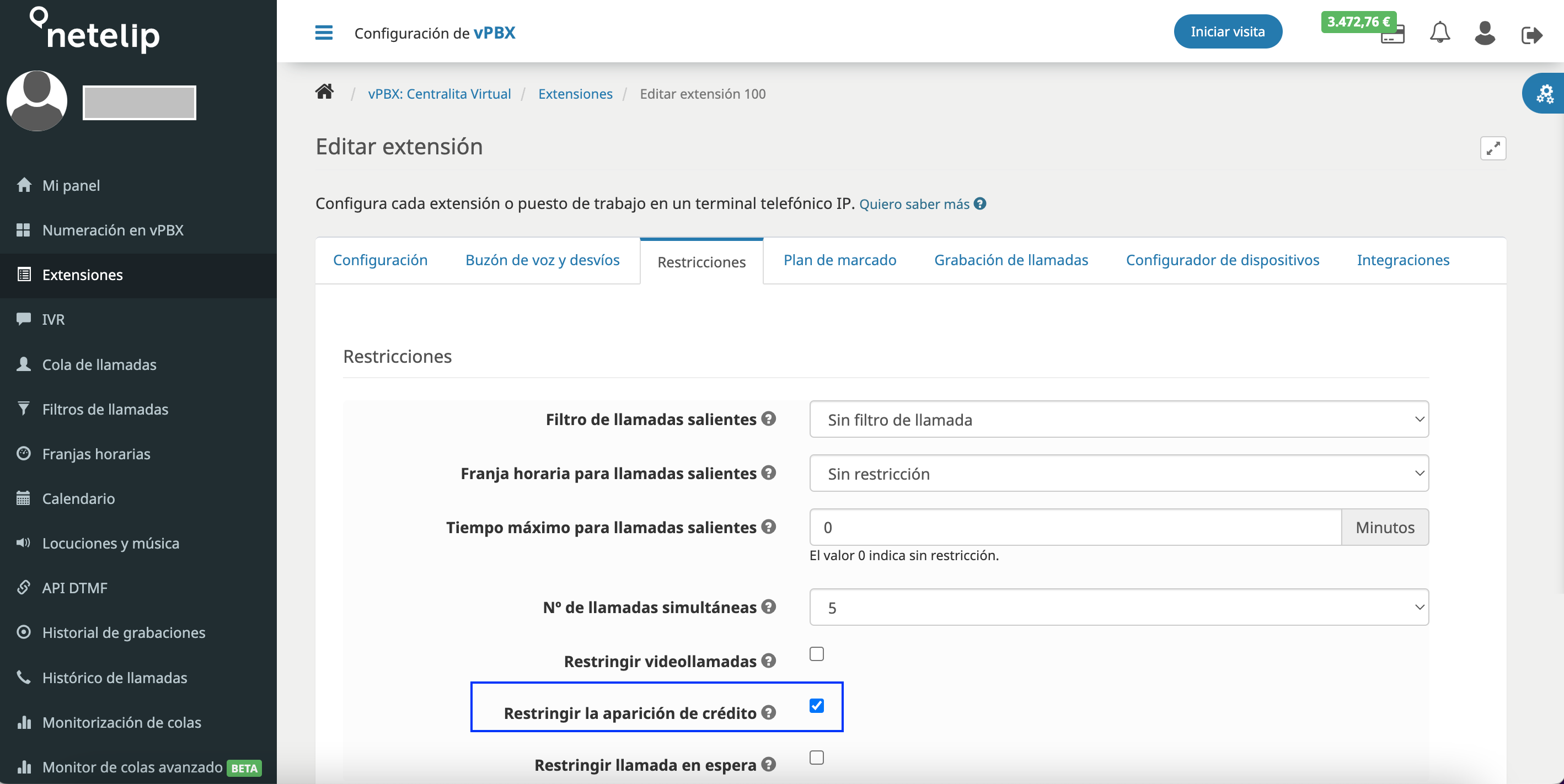 Centralita Virtual - Restricción de saldo