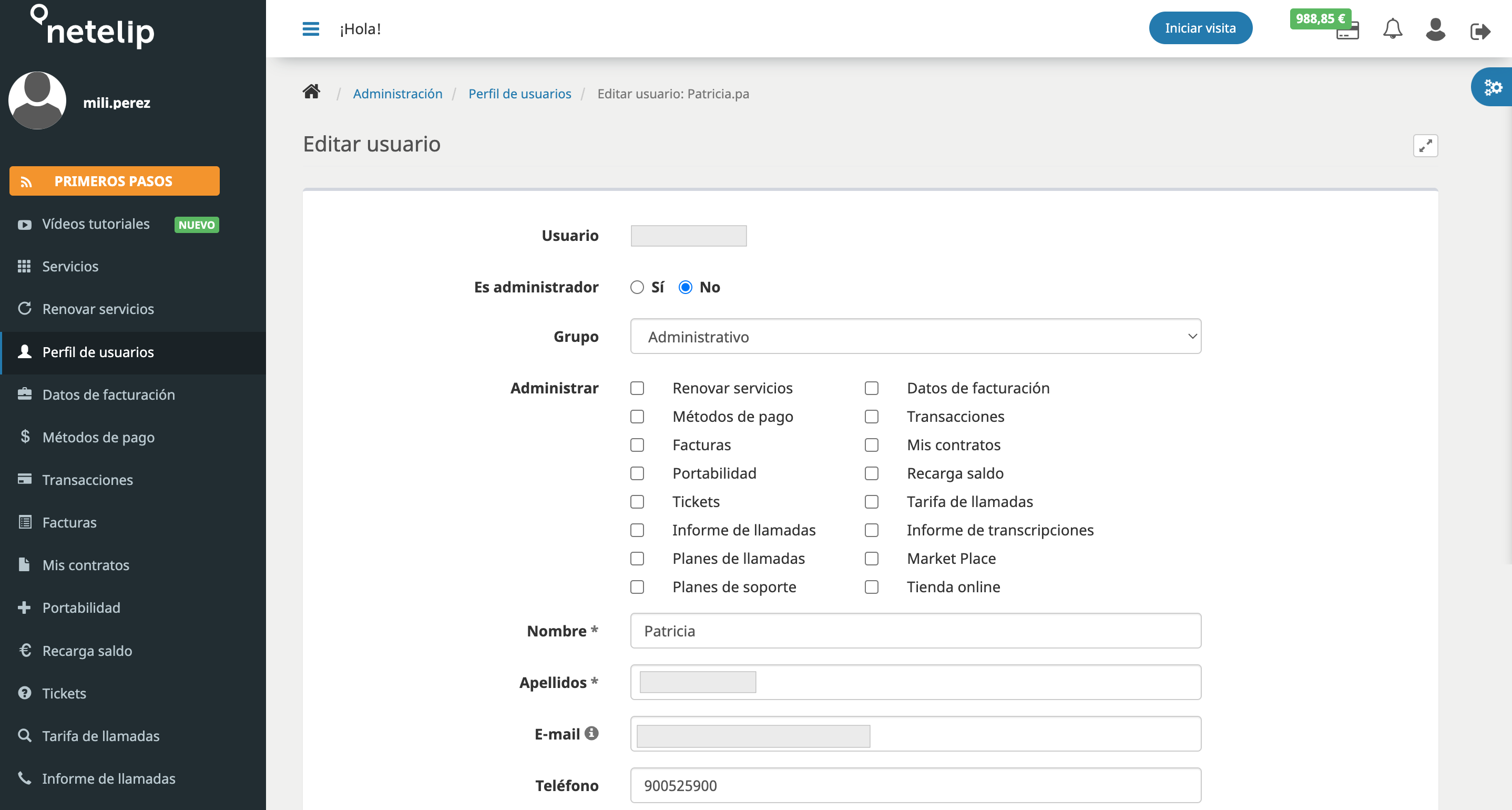 Control de permisos de usuario - netelip