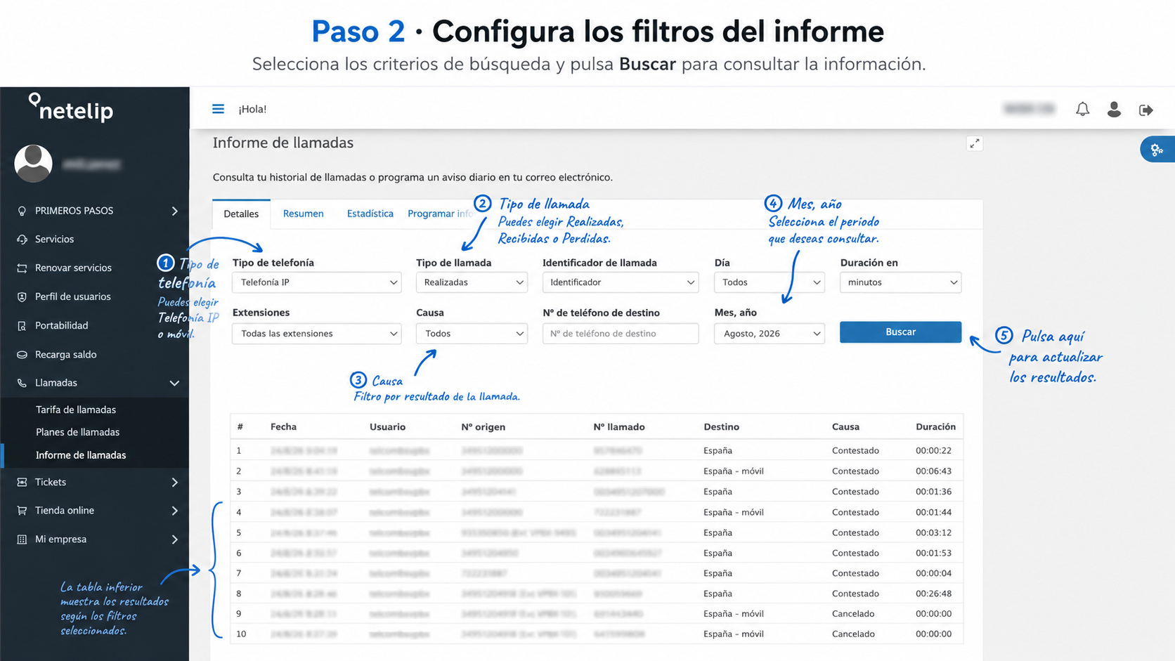 Configuración Informes de llamadas - netelip