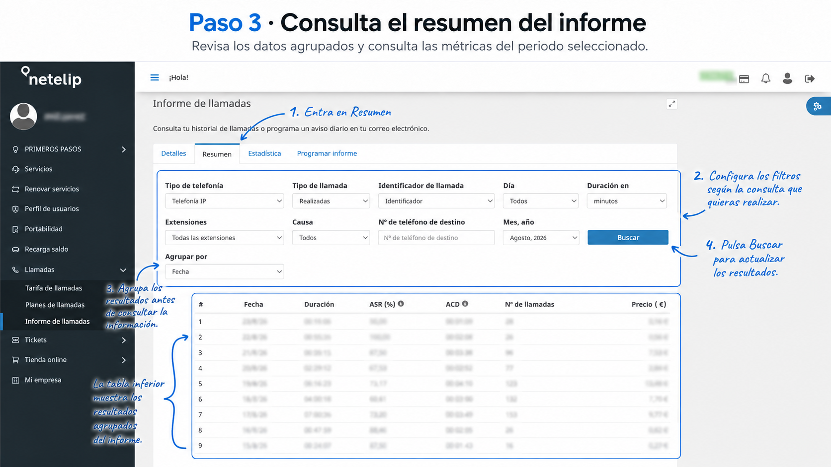 Informe resumen de llamadas - netelip