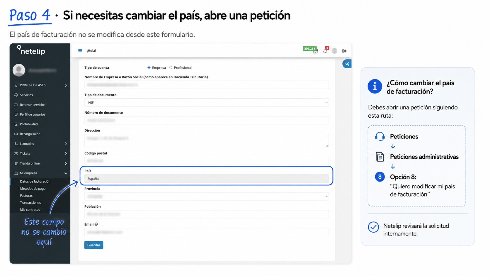 Cambio de país para cambiar datos de facturación