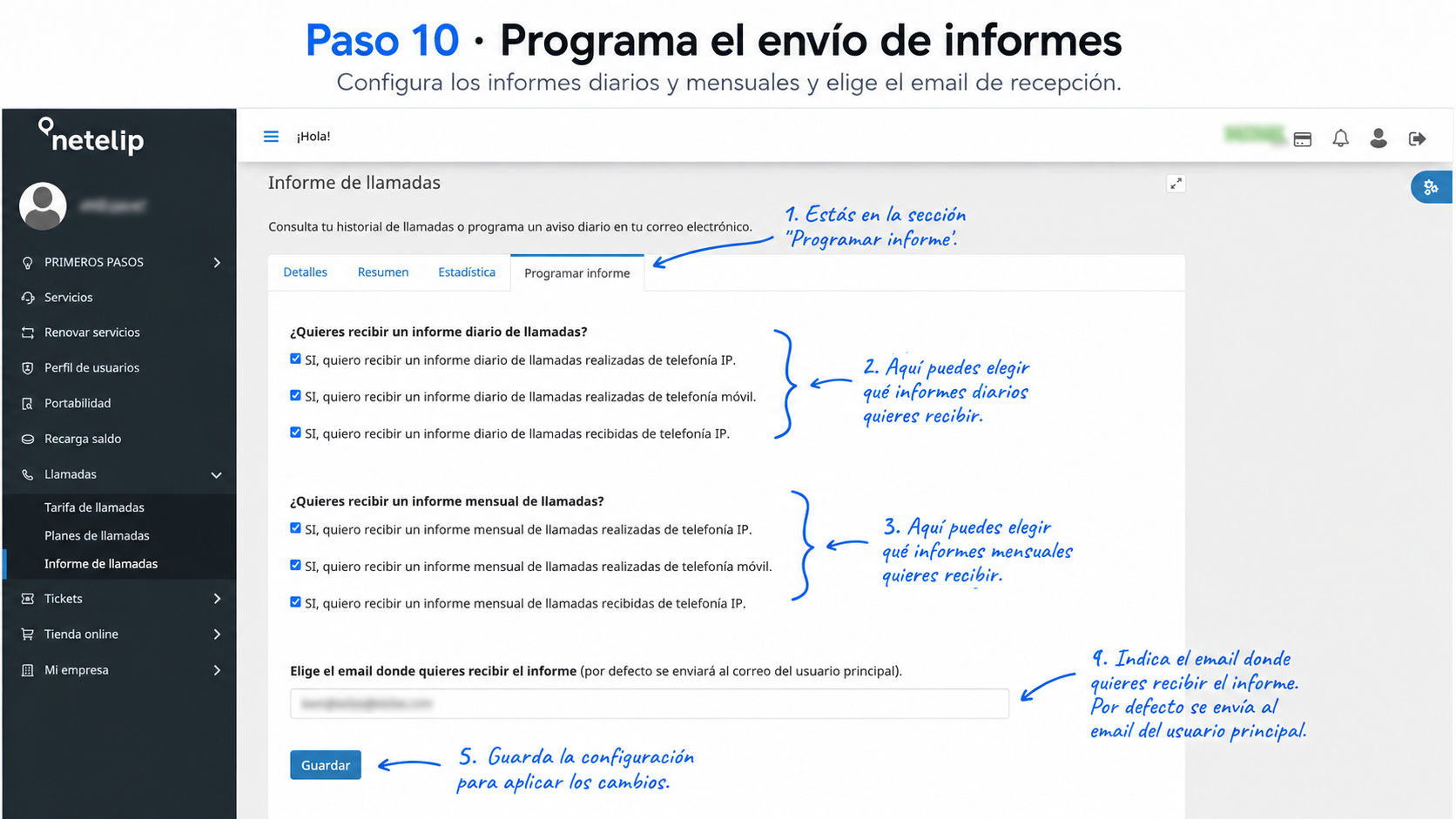 Programar informes de llamadas - netelip
